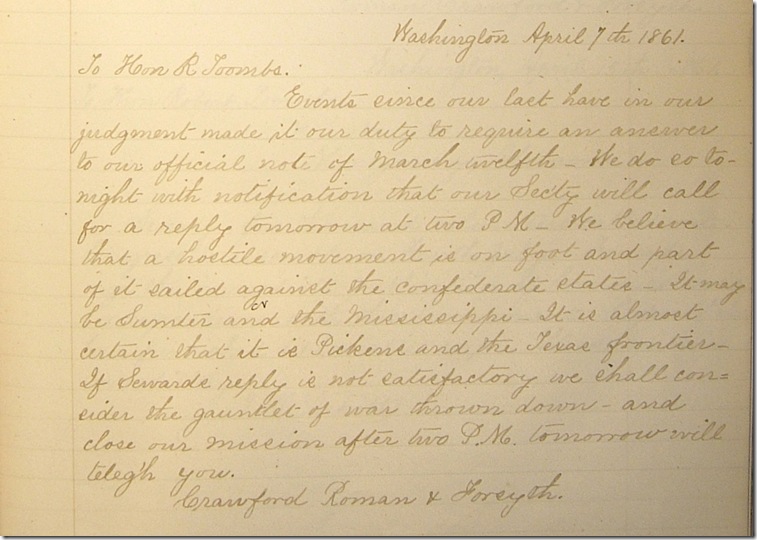 AMs 811-20 p211 Confederate Letter Book 4-7-1861 telegram