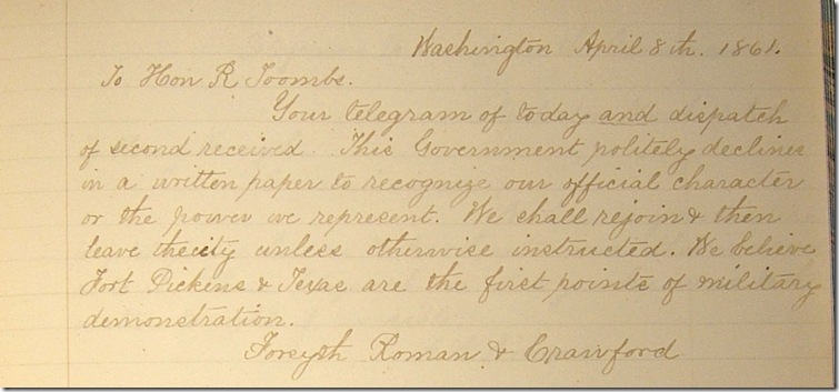 AMs 811-20 p213 Confederate Letter Book 4-8-1861 telegram edited