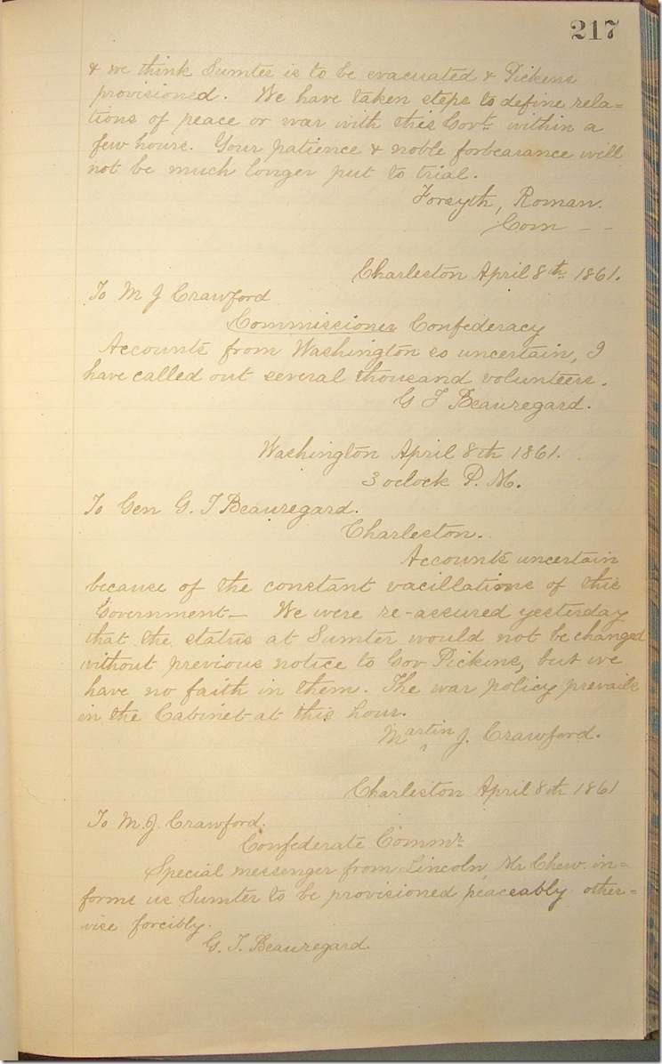 AMs 811-20 p217 Confederate Letter Book 4-8-1861 telegrams edited
