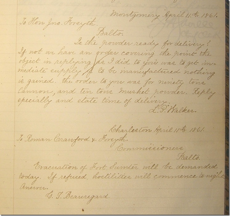 AMs 811-20 p219 Confederate Letter Book 4-11-1861 telegrams