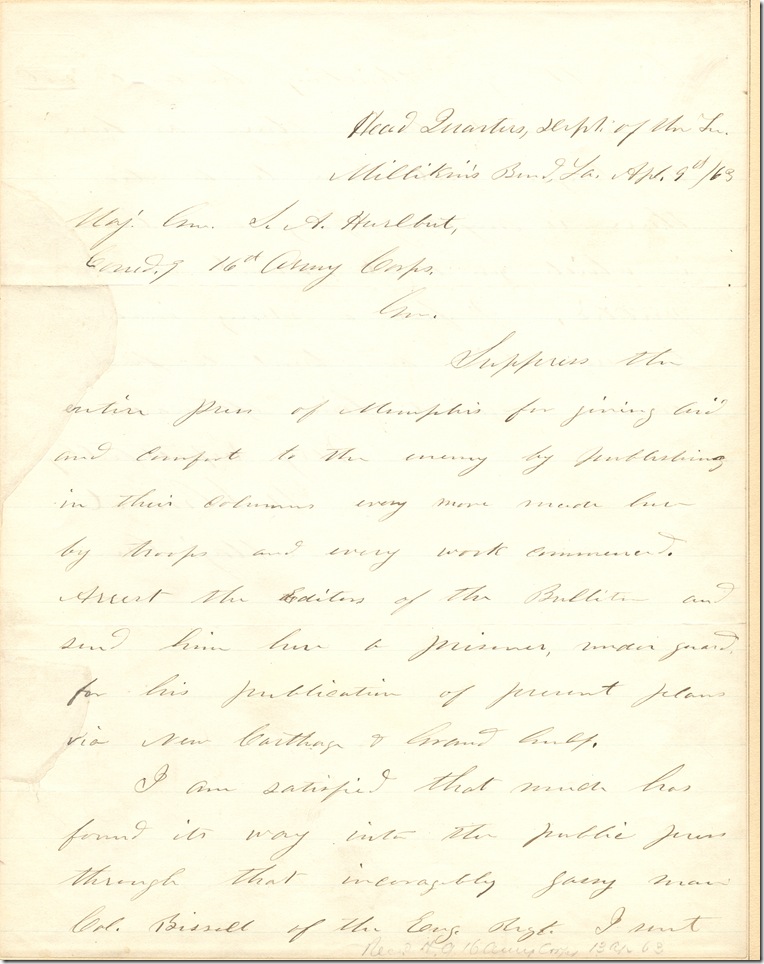 AMs 357-12 p1 U.S. Grant to Stephen A Hurlbet