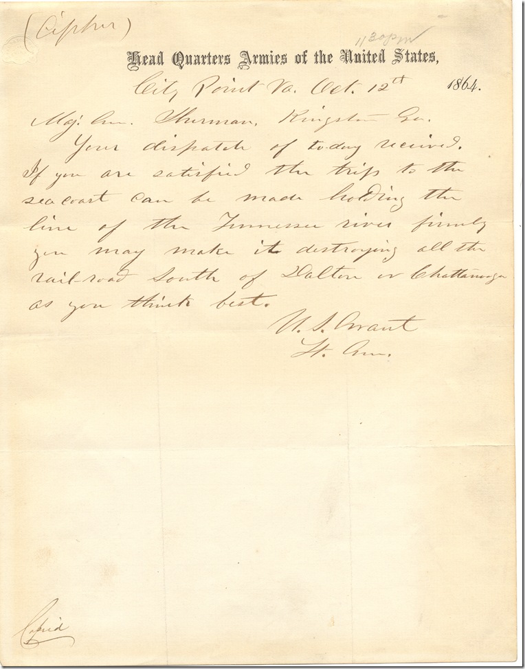 AMs 541-19-2 Ulysses S Grant telegram to William T Sherman