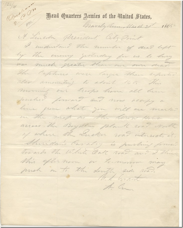 AMs 526-18 US Grant to Abraham Lincoln